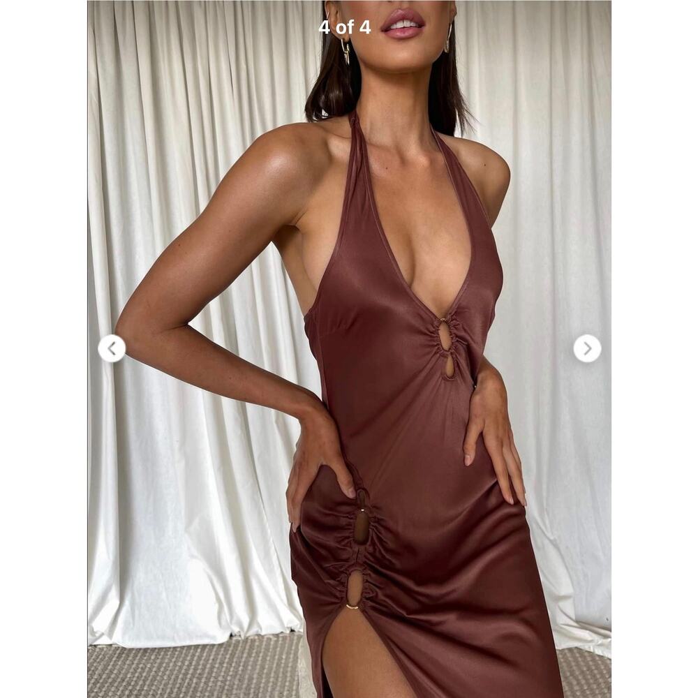 MESHKI Tanja Halter Neck Side Split Midi Dress Chocolate Brown NWT XS Cutout